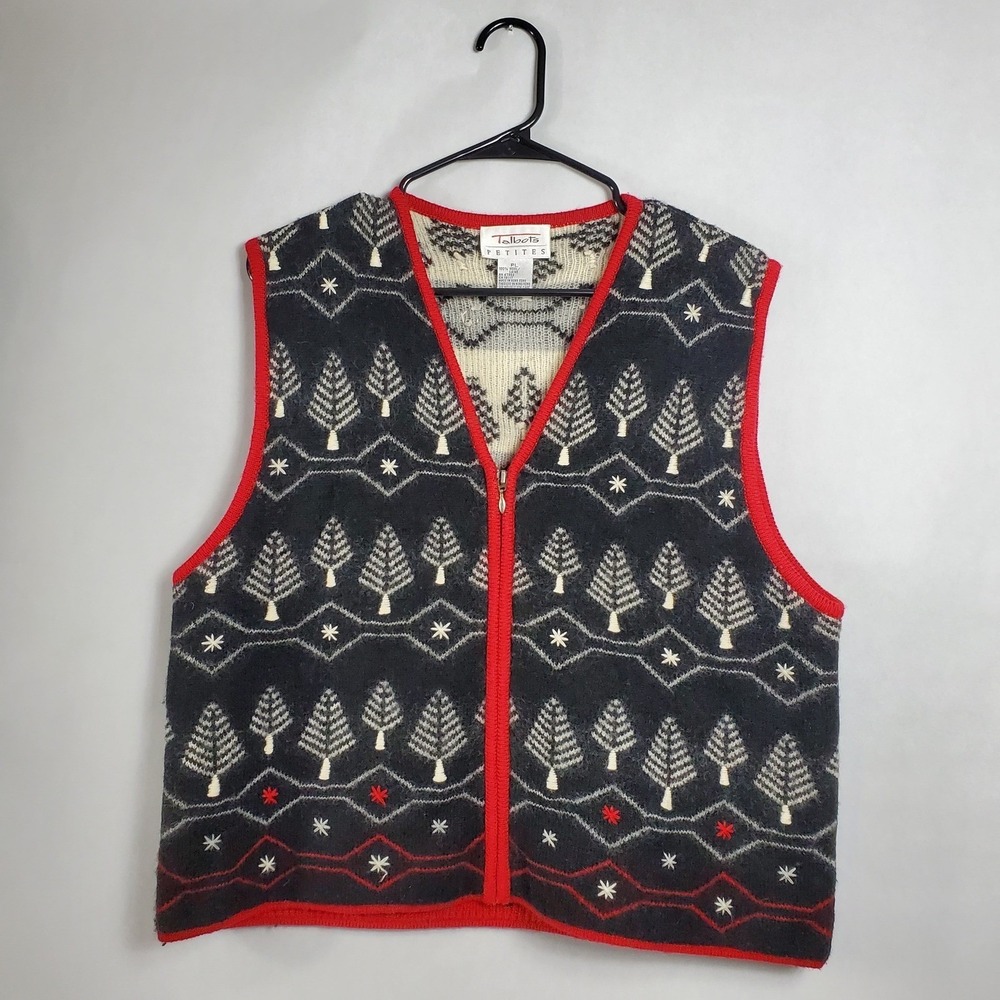 Talbots Petites Women's Fair Isle Tree Vest Wool Red Trim Zip Up Size PL